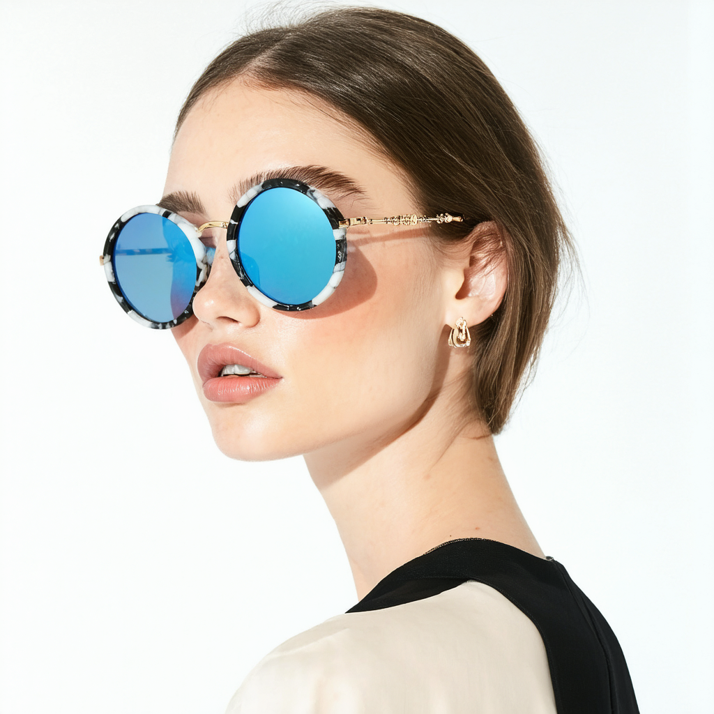 zeroUV Womens Oversized Marble Finish Metal Temple Mirrored Lens Round Sunglasses