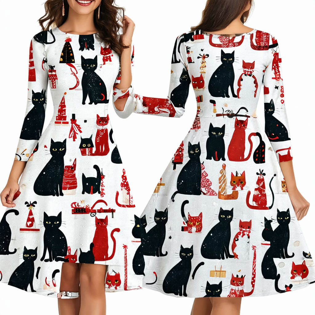 Women's Christmas Cat Print Dress 50s Retro Slim Fit Long sleeve O-neck Dresses Casual A line Maxi