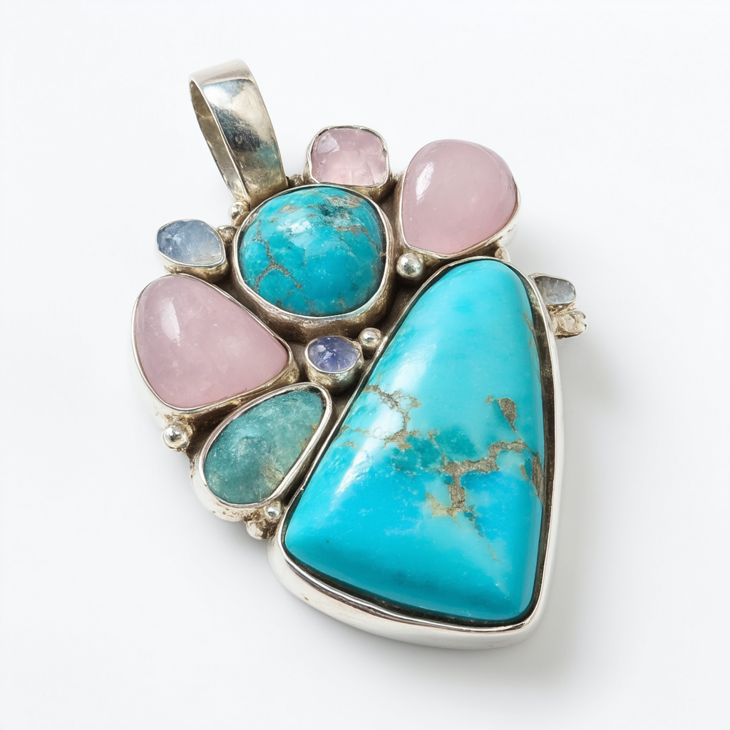 Sterling Silver, Turquoise, Rose Quartz and Apatite Pin/Pendant