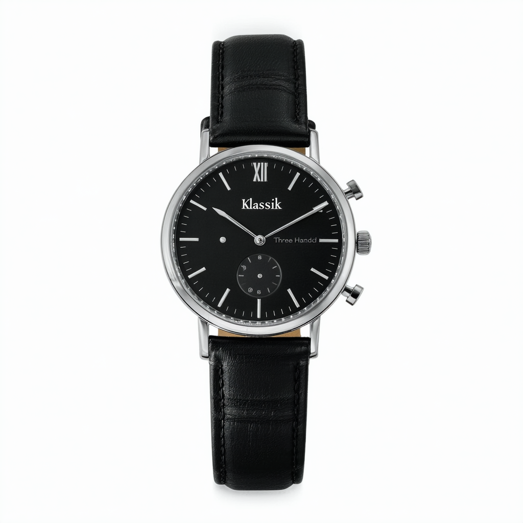 Klassik Three-Hand Date Leather Watch - Black,Unisex adult