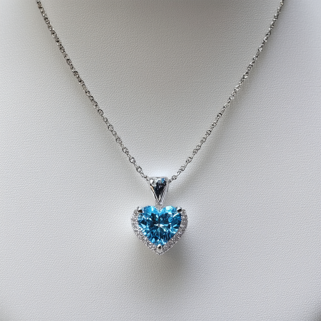 Amazon Collection Sterling Silver Blue Topaz and Diamond Heart Necklace, 17"