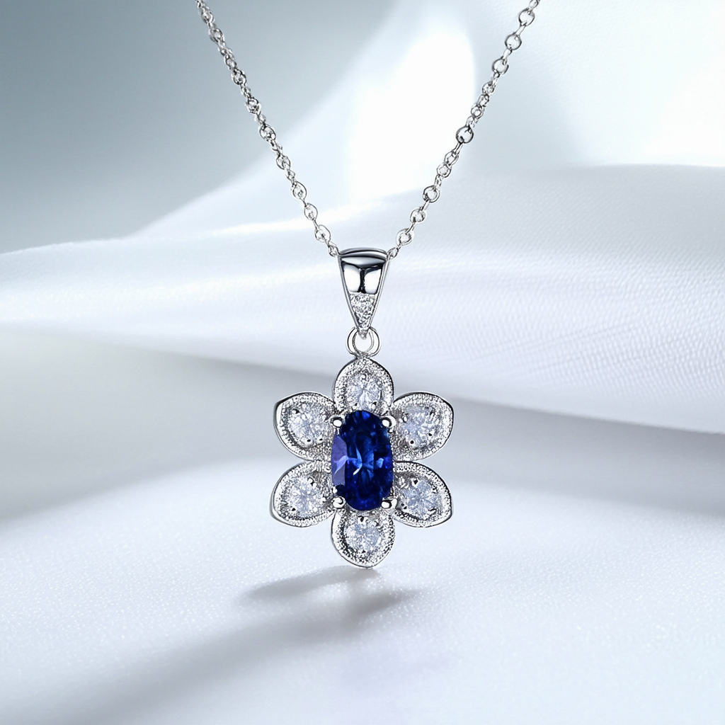 Sterling Silver Synthetic Sapphire Floral Pendant Necklace, 18"