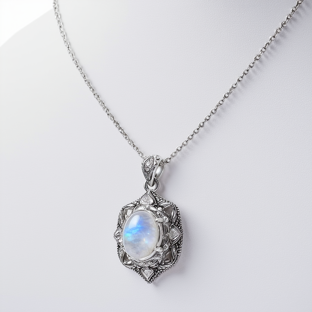 Amazon Collection Moonstone Sterling Silver Rhodium-Plated Ornate Necklace with Pendant,18"