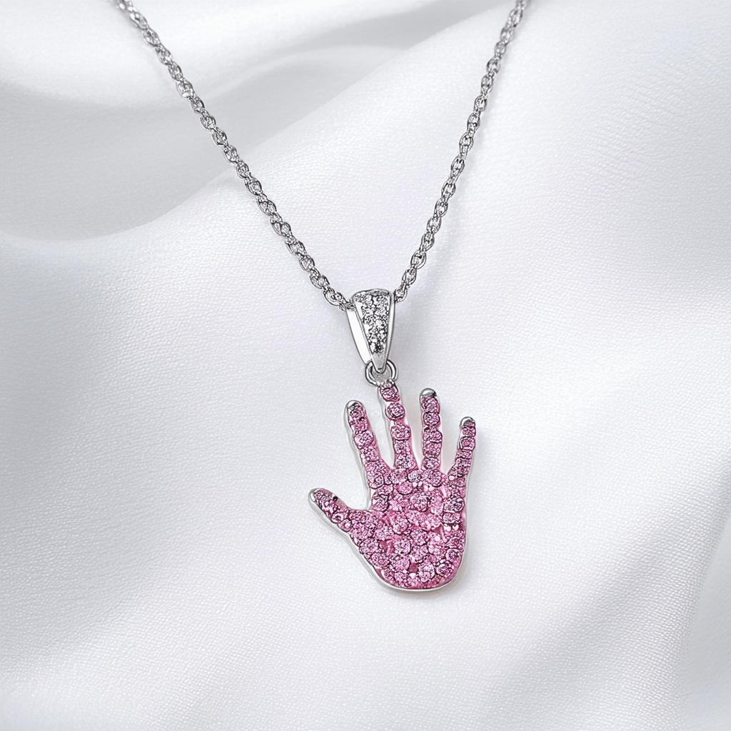 Amazon Collection Sterling Silver Crystal Handprint Pendant w/ Pink Diaper Pin, 18"