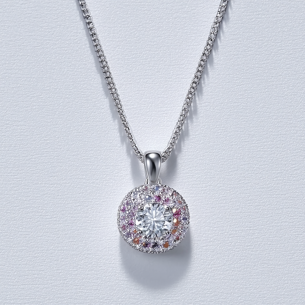 Amazon Collection Sterling Silver Colored and Clear Crystal Circle Pendant Necklace, 18"
