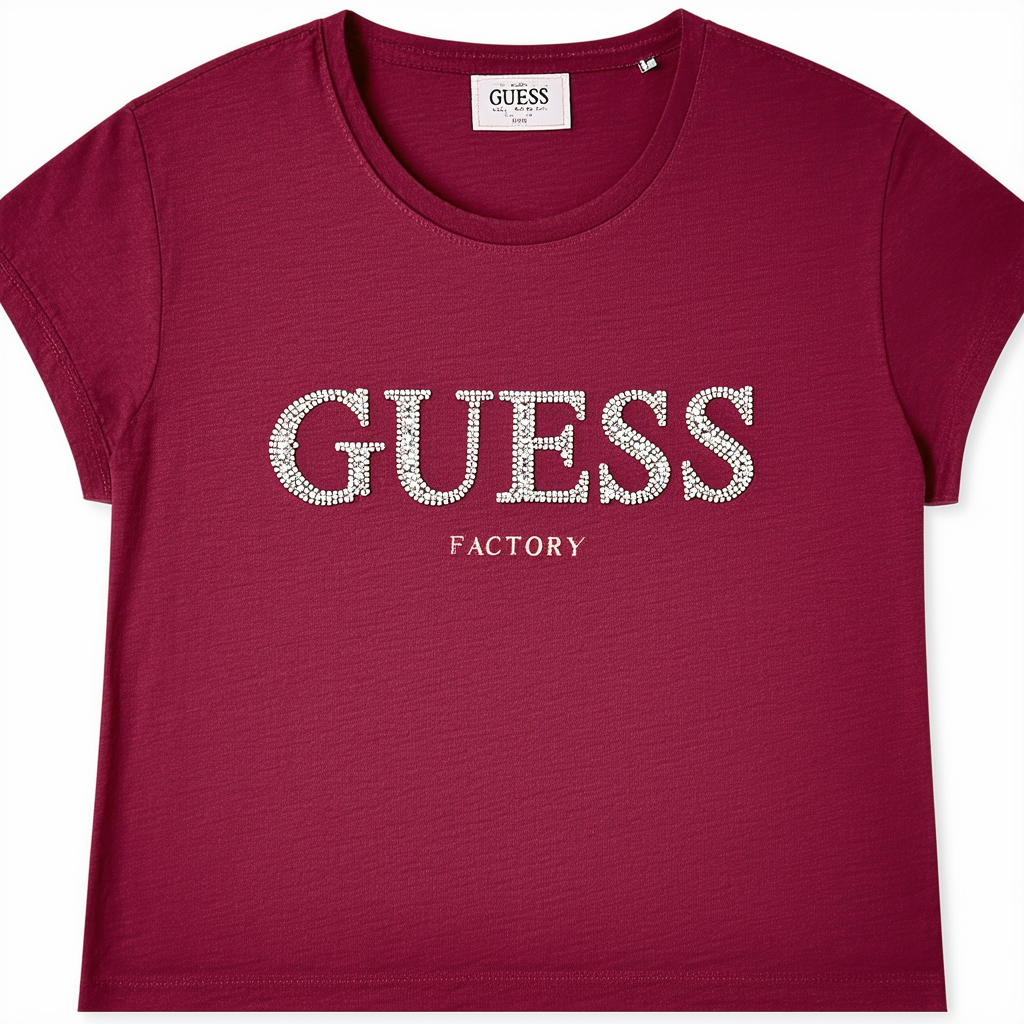 GUESS Factory Women's Bella Beaded Logo Tee Claret
