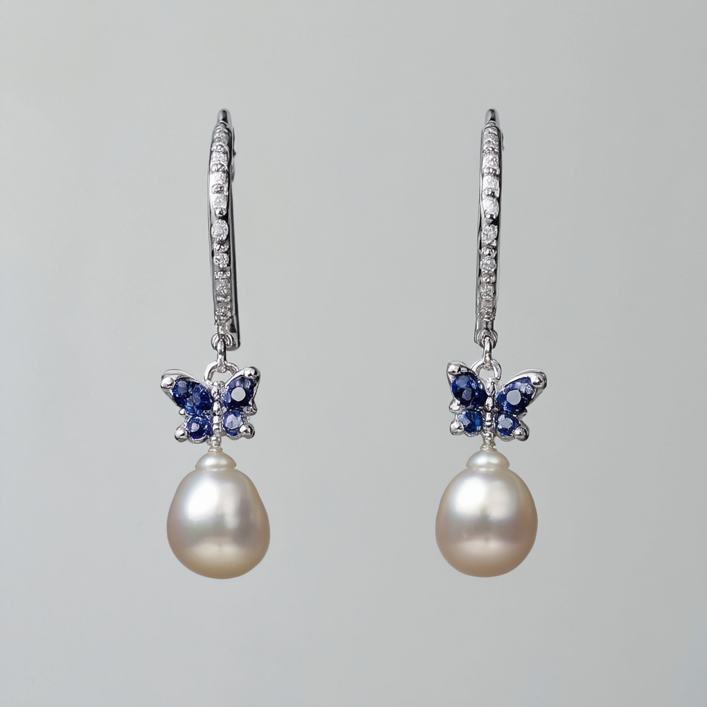 Amazon Collection Sterling Silver Freshwater Cultured Pearl and Sapphire Butterfly Drop Earrings