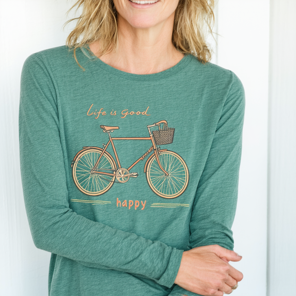 Life is Good Women's Long Sleeve Cool Vee Bike Happy Fstgrn T-Shirt,