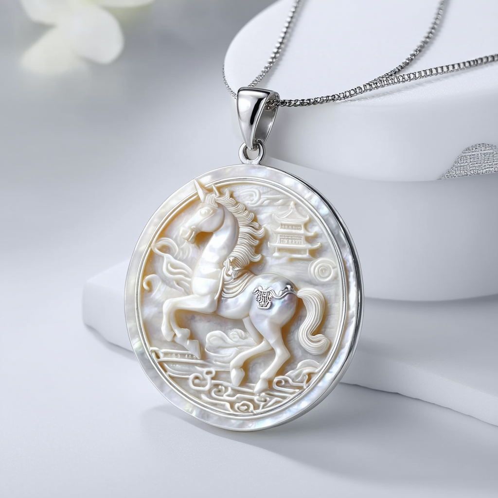 Amazon Collection Sterling Silver Carved Mother-of-Pearl Horse & Chinese Coin Pendant