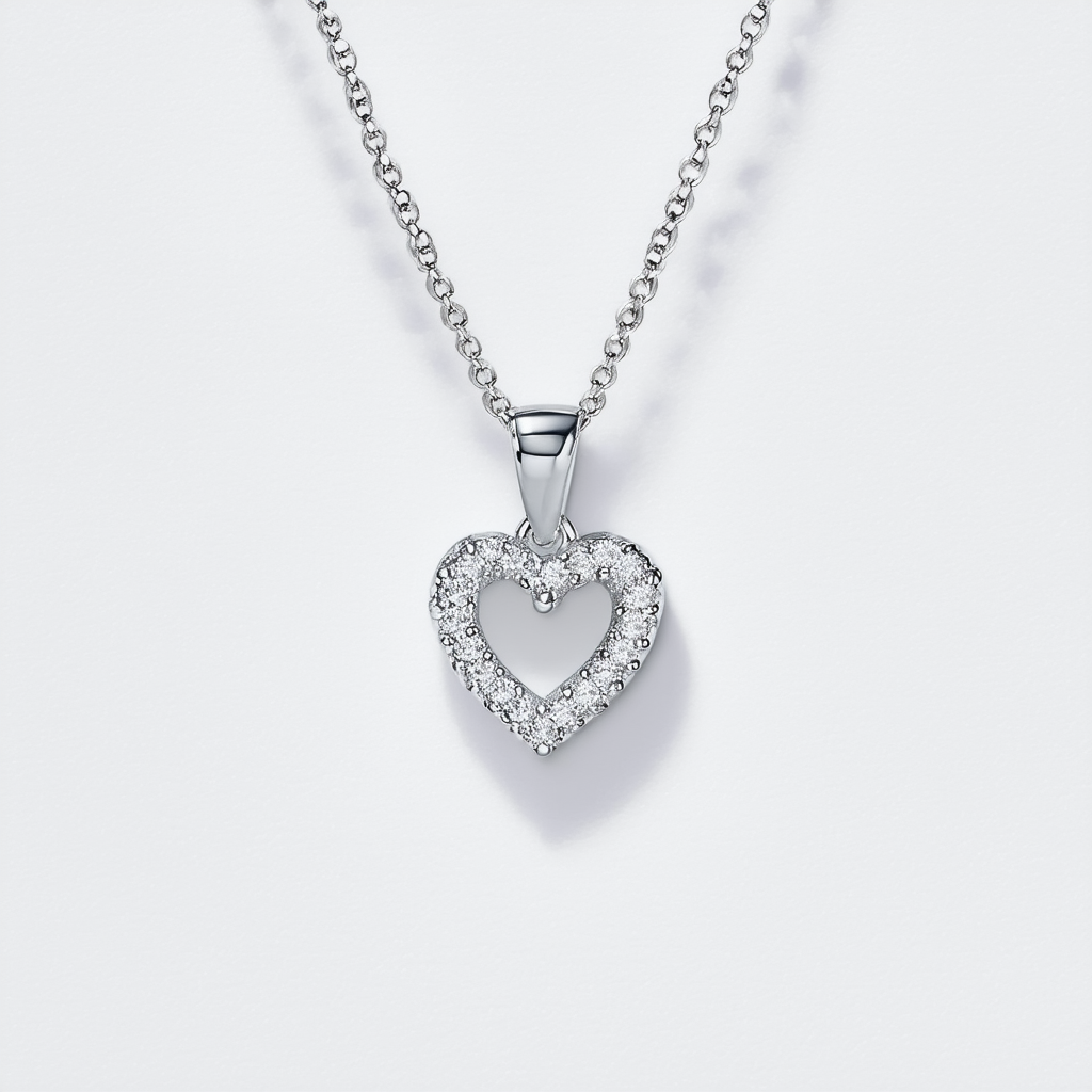 Amazon Collection Sterling Silver and Cubic Zirconia Small Open Heart Pendant Necklace, 18"