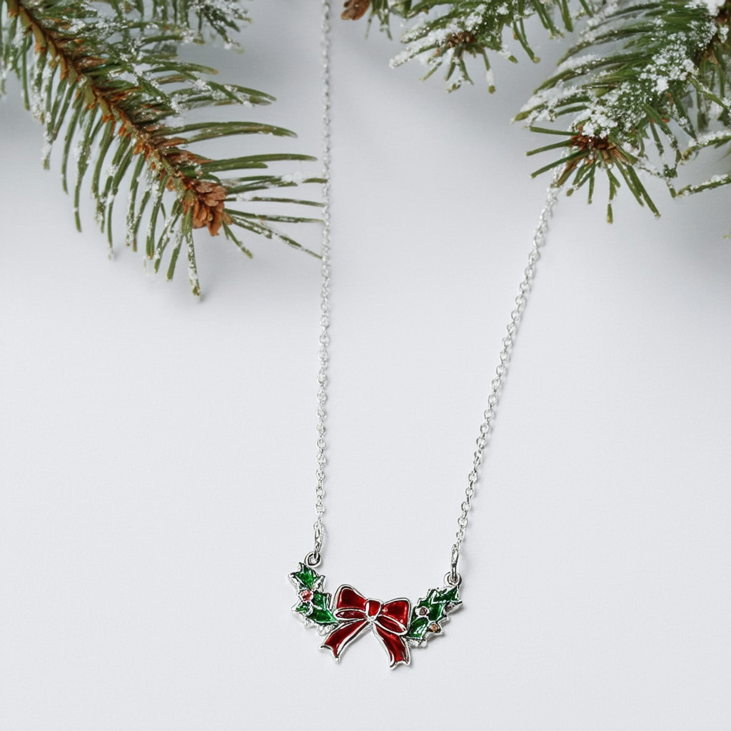 Amazon Collection Jingling Wreath Pendant Necklace with Holiday Bow Accent Necklace 24"