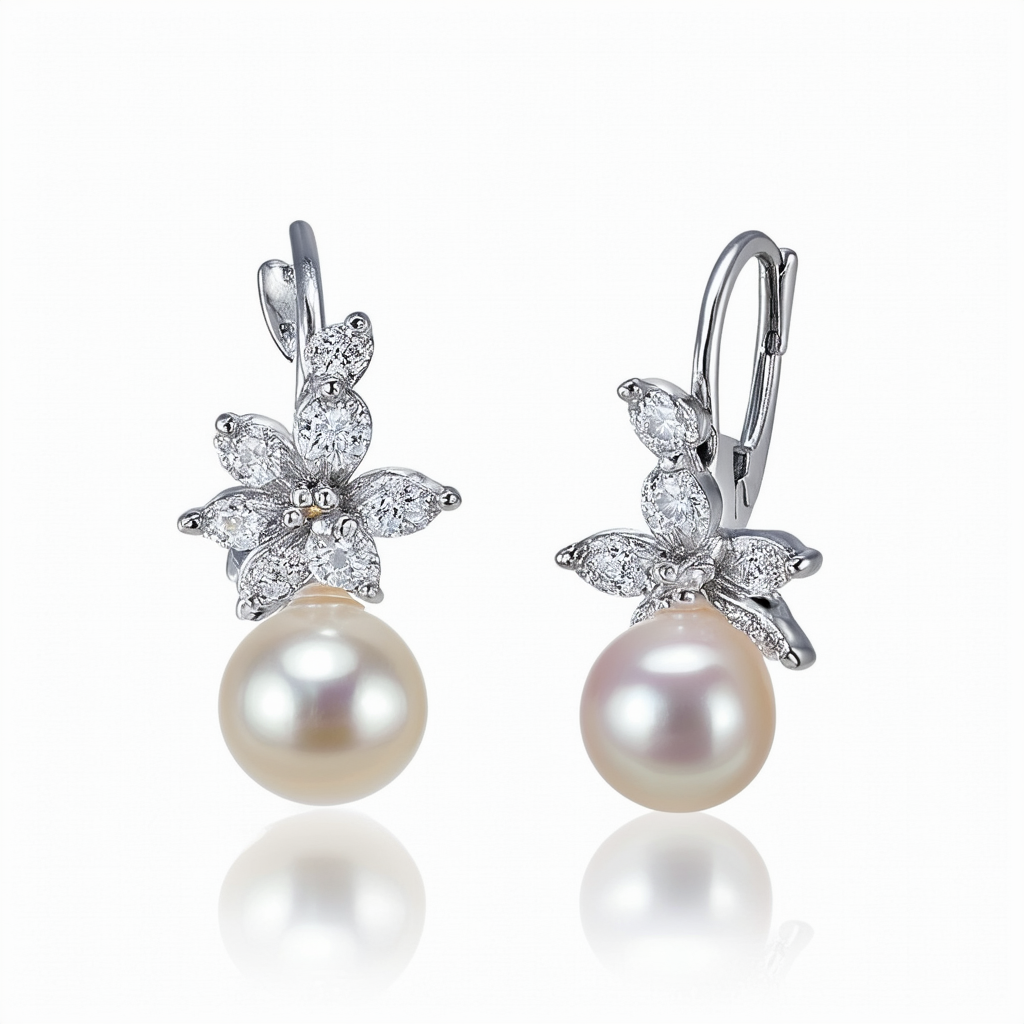 Amazon Collection Sterling Silver White Freshwater Cultured Pearl and Cubic Zirconia Floral Earrings