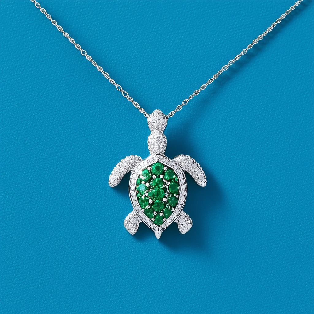Amazon Collection 10k White Gold Gemstone and Diamond Accent Turtle Pendant Necklace, 18"