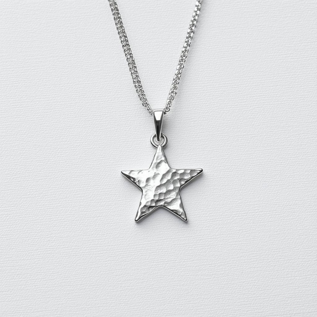 Amazon Collection Sterling Silver or Goldtone Finish Silver Hammered Star Pendant Necklace, 18"
