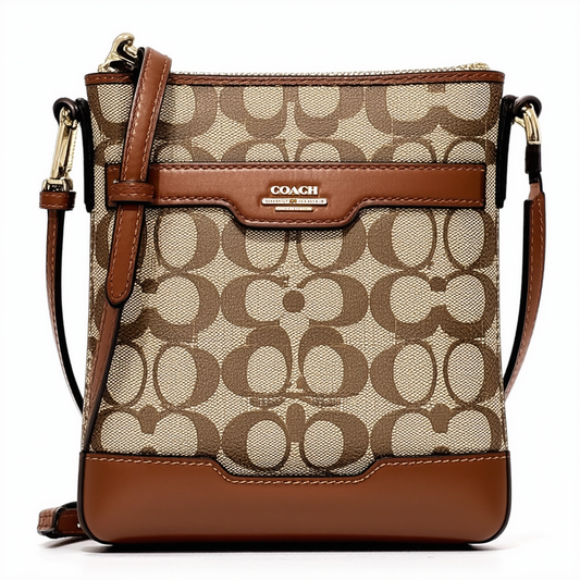 New Coach 52573 Phone Crossbody Signature Fabric and Leather in Khaki/brown
