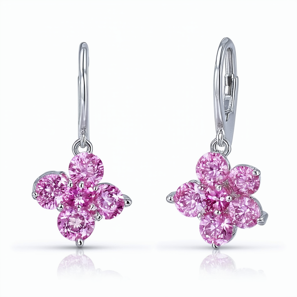 Amazon Collection Sterling Silver Created Pink Sapphire Flower Drop Earrings