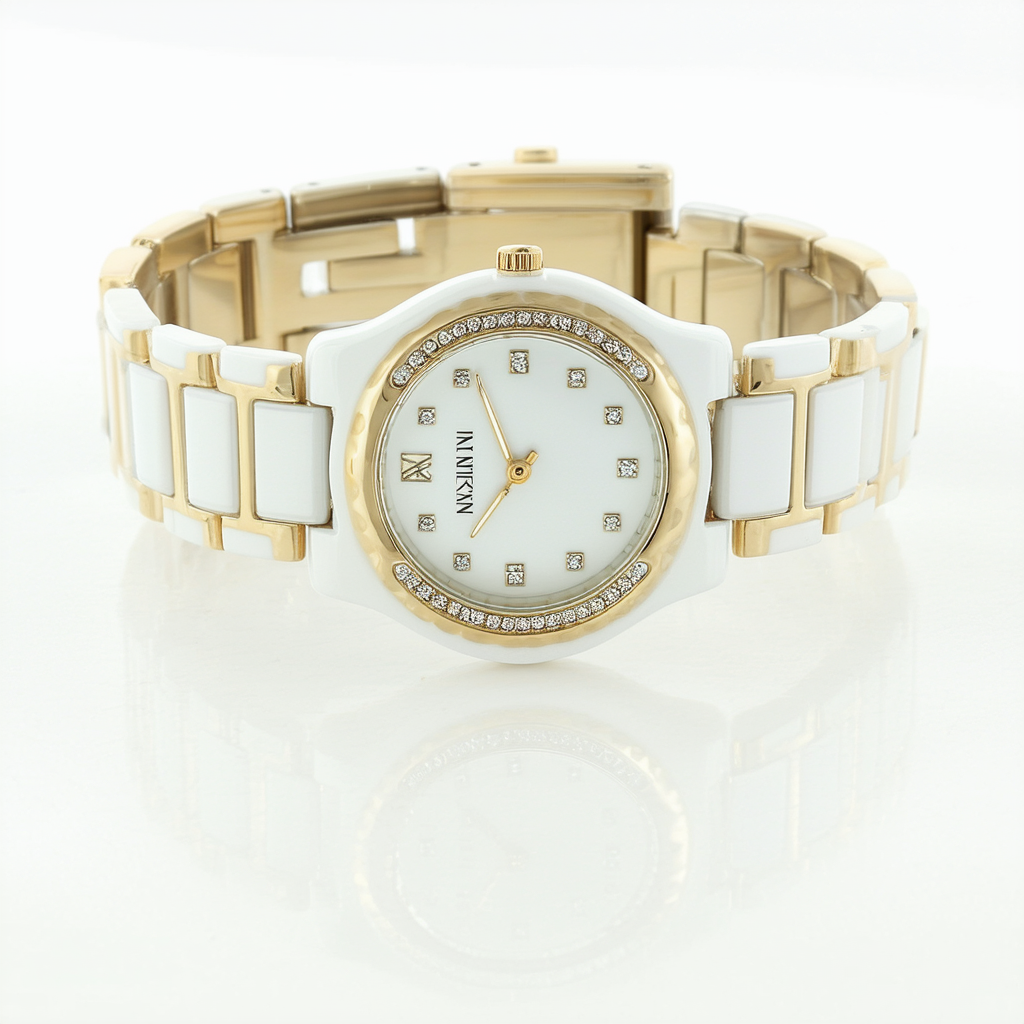 Anne Klein Women's AK/2712WTGB Diamond-Accented Gold-Tone and White Ceramic Bracelet Watch