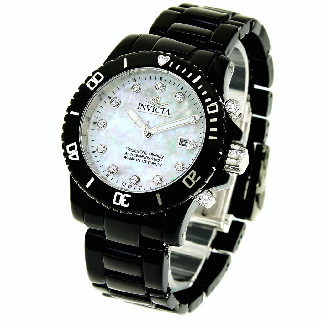 Invicta Women's 10328 Ceramics Angel White Mother-Of-Pearl Dial Diamond Accented Black Ceramic Watch