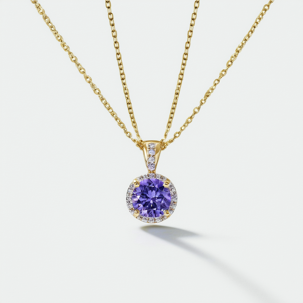 Amazon Collection 14k Yellow Gold Round Created Alexandrite and Diamond Circle Pendant, 17"