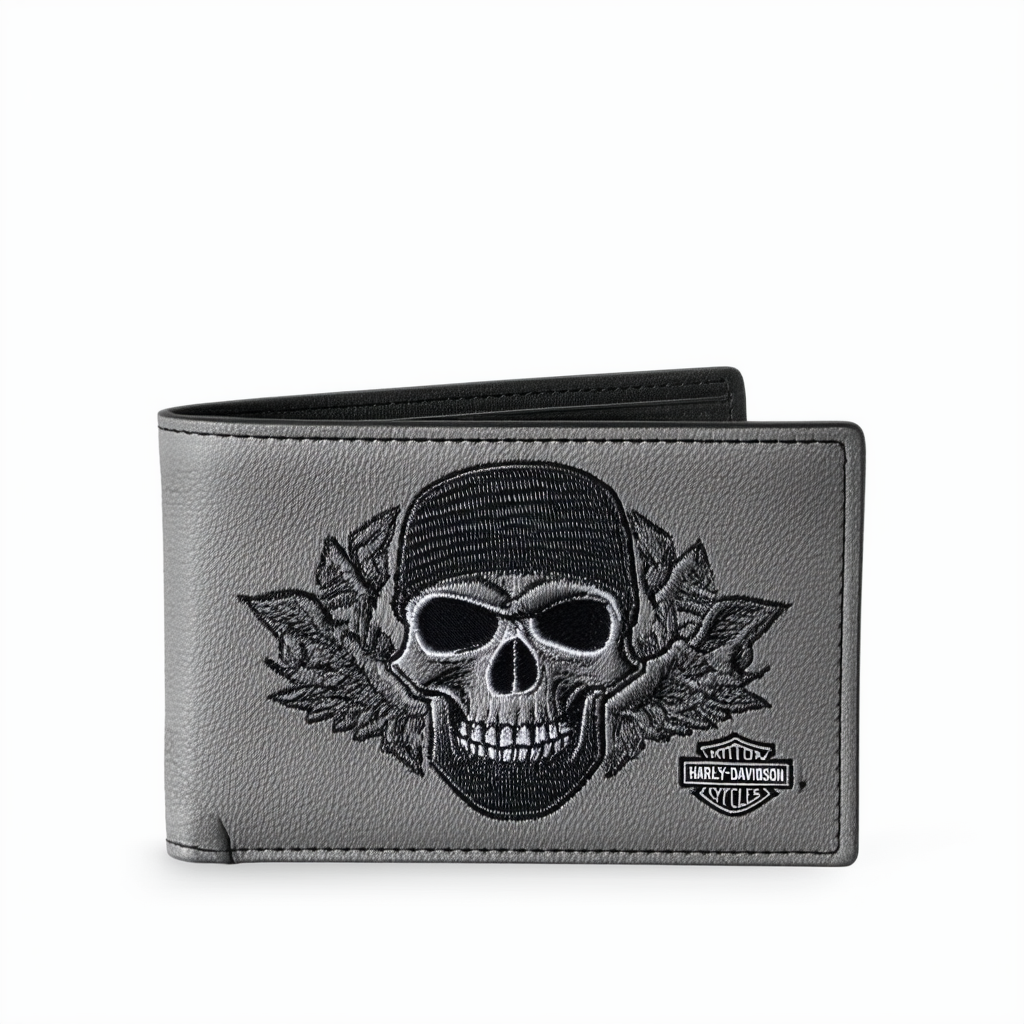Harley-Davidson Men's Embroidered Willie G Skull Duo-Fold Wallet, XML6136-GRYBLK