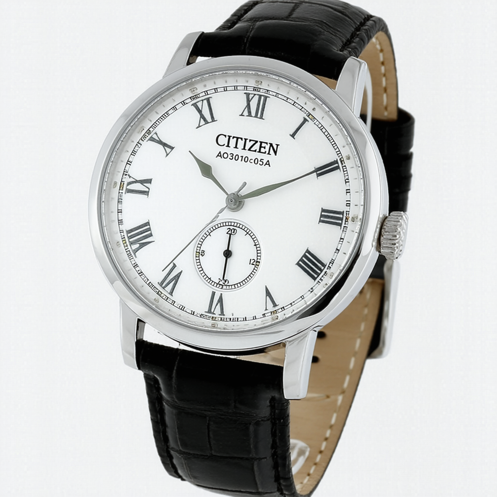 Citizen AO3010-05A Men's White Dial Black Leather Strap Quartz Watch