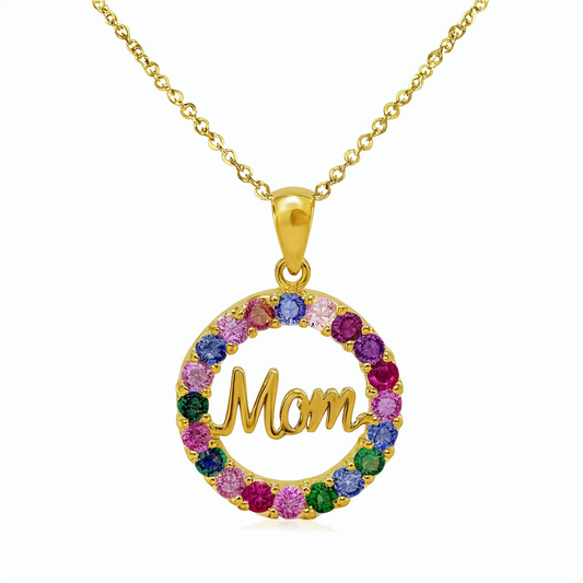 18k Yellow Gold Plated Sterling Silver Multi-Gemstone Round "Mom" Pendant Necklace , 18"