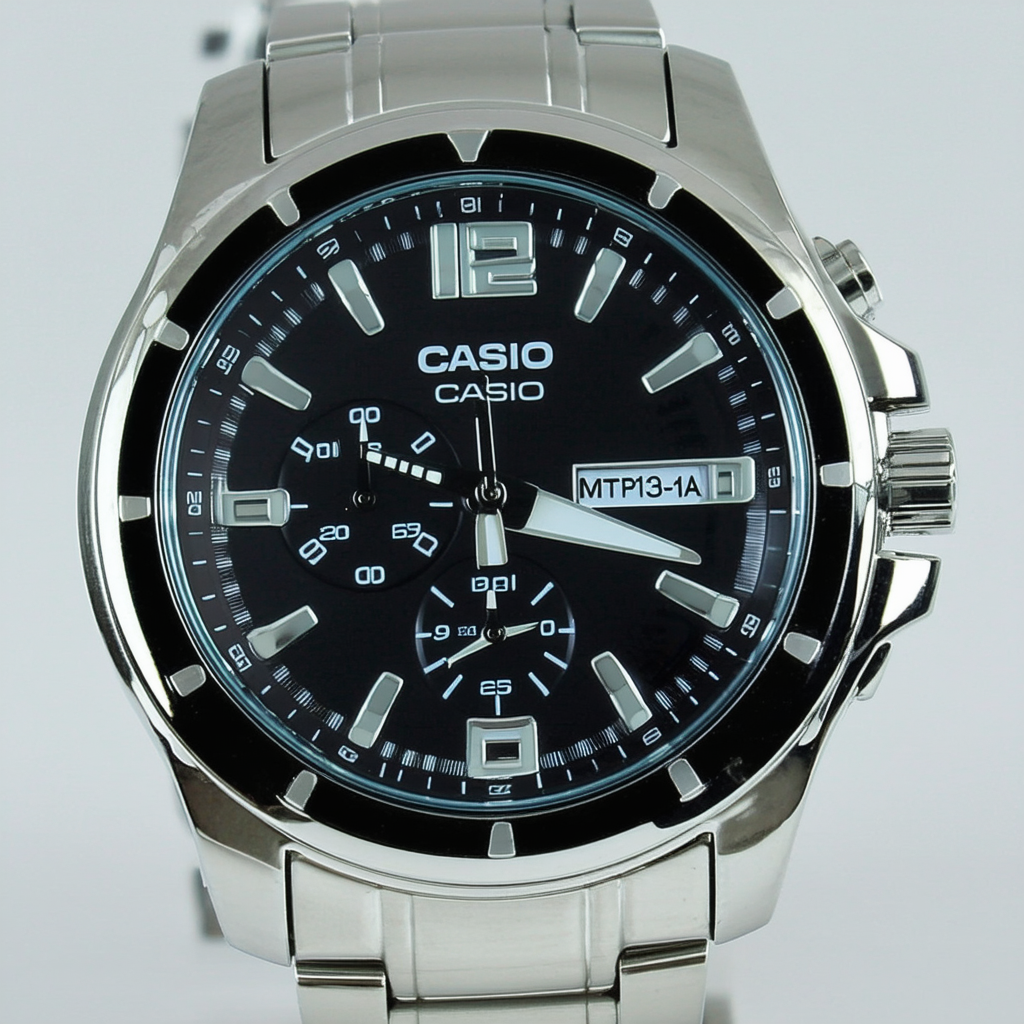 Casio Men's MTP1314D-1AV Silver Stainless-Steel Quartz Watch with Black Dial
