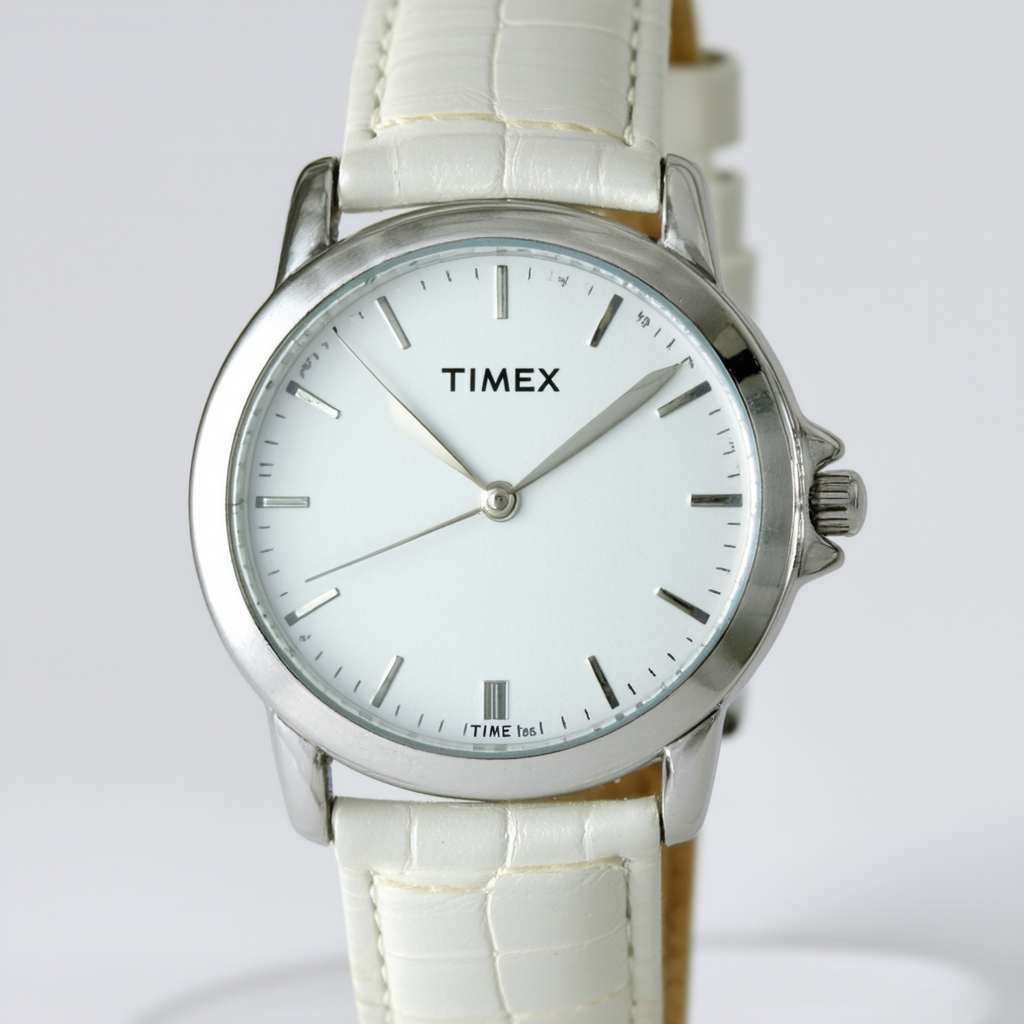 Timex 2E961 Women's Round Silver-Tone Dress Watch with White Genuine Leather Strap