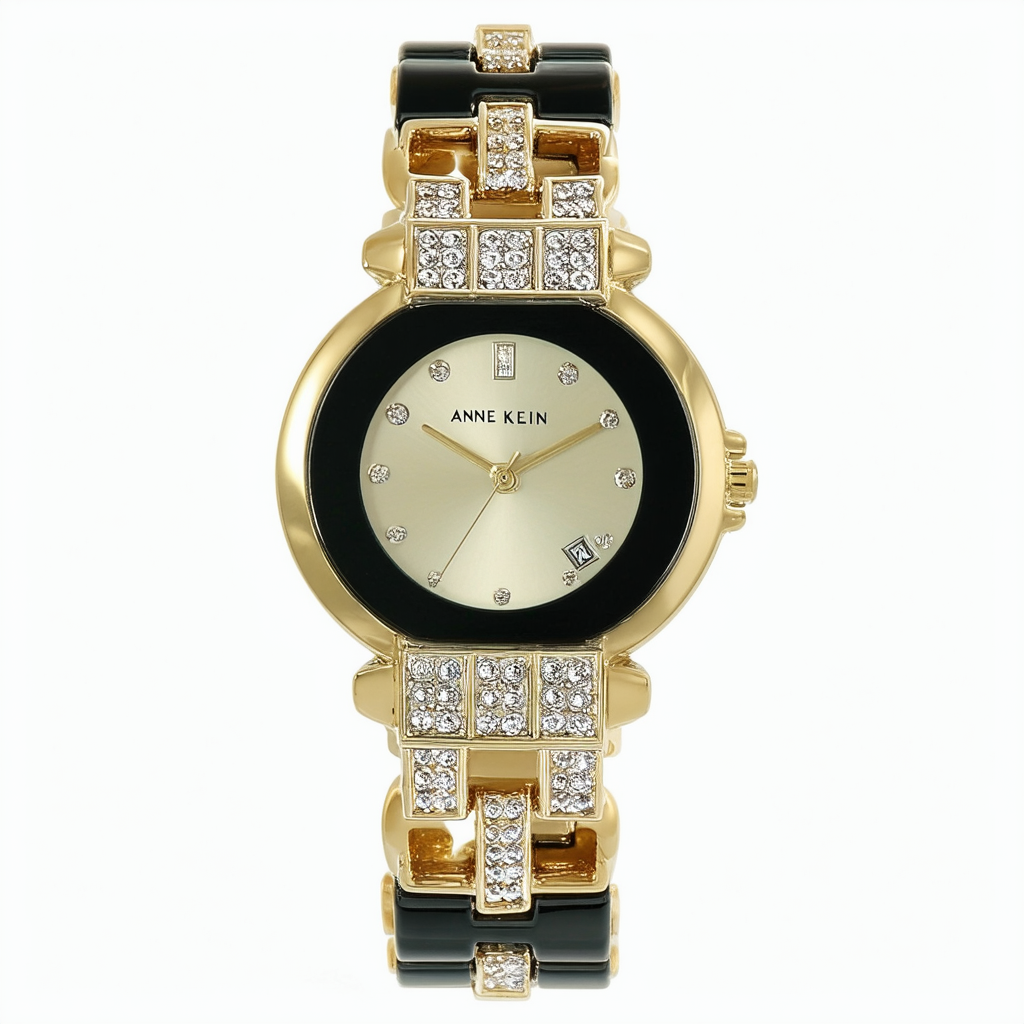 Anne Klein Women's AK/1314BKBK Premium Crystal Accented Gold-Tone Black Ceramic Bangle Watch