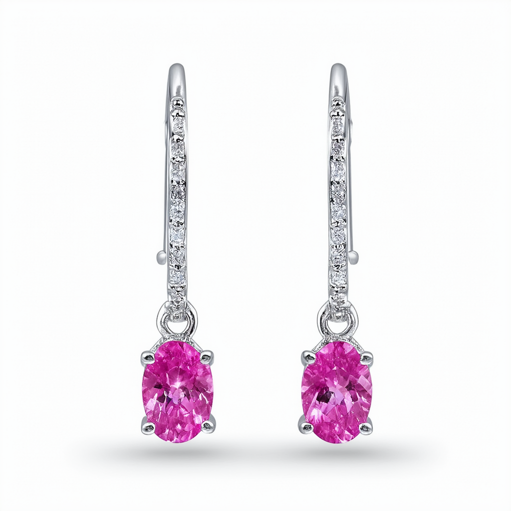 Amazon Collection Sterling Silver Created Pink Sapphire and Diamond-Accent Dangle Wire Earrings
