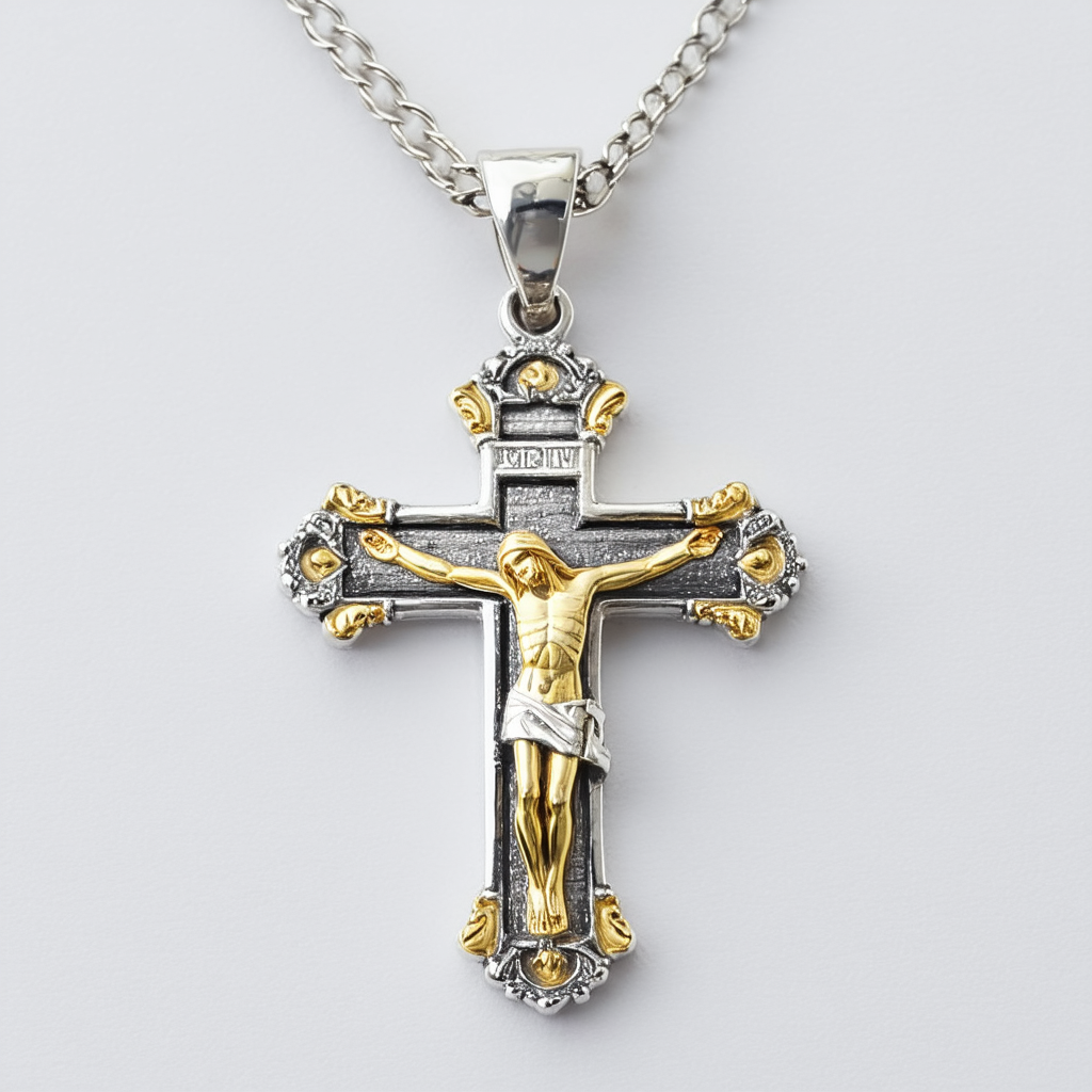Sterling Silver Two-Tone Ornate Crucifix Cross Pendant Necklace , 22"