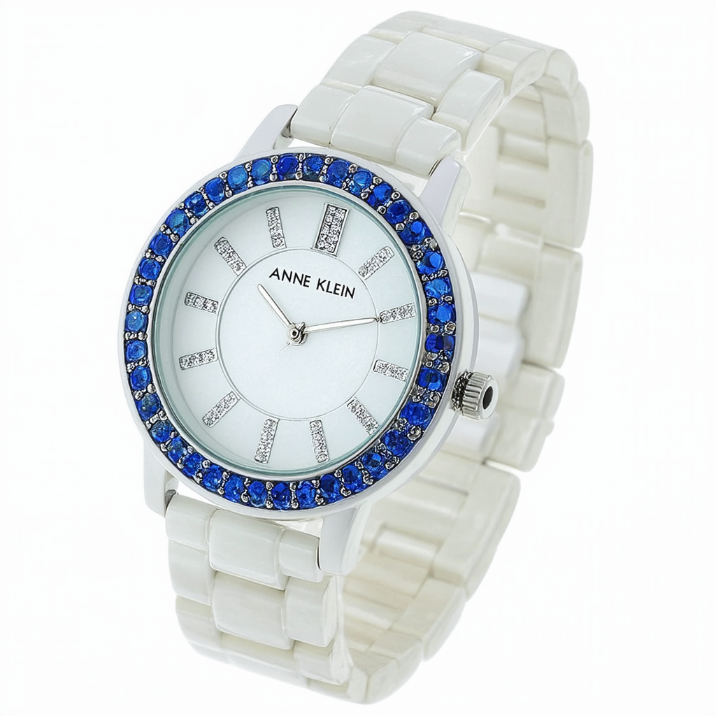 Anne Klein Women's AK/1443BLWT Blue Swarovski Crystal Accented White Ceramic Bangle Watch