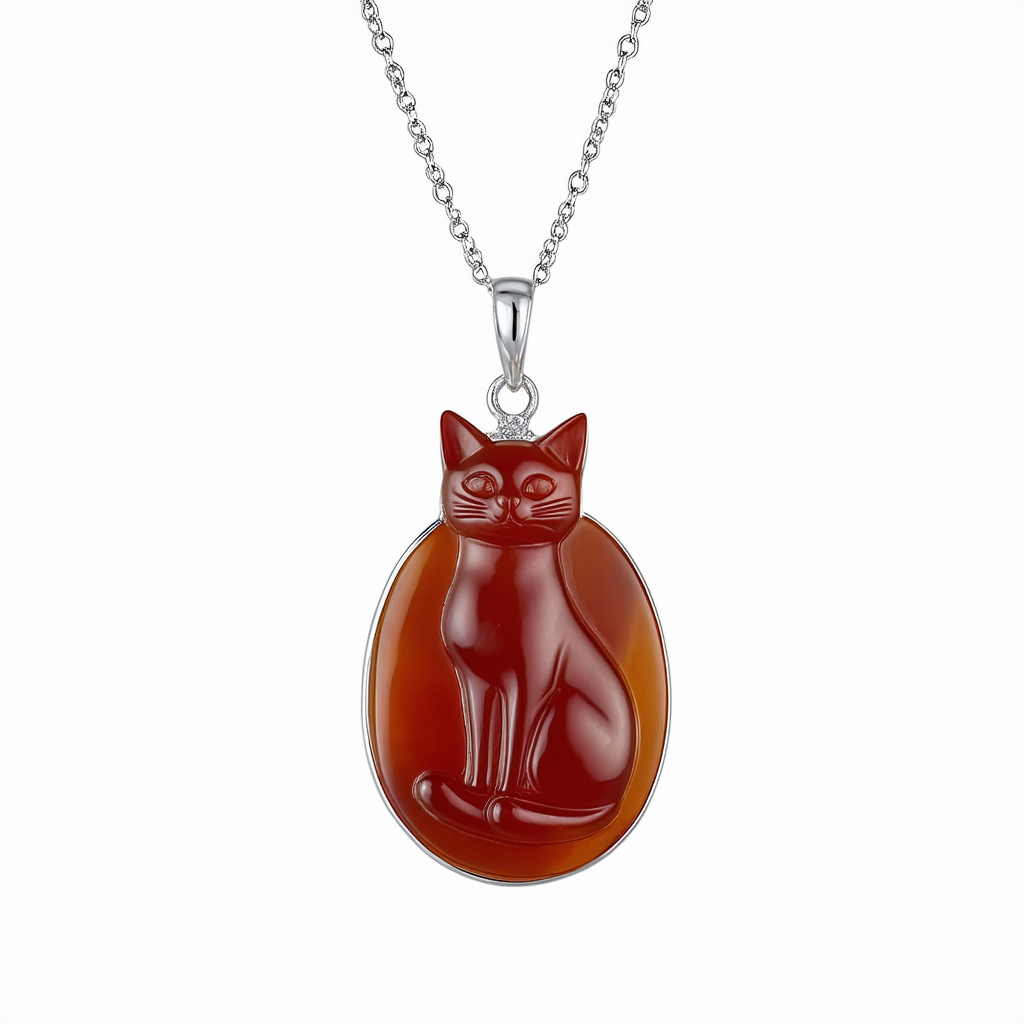 Amazon Collection Sterling Silver Red Agate Cat Cameo Pendant Necklace, 18"