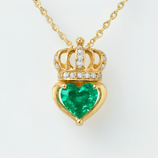 10k Yellow Gold Created Emerald Crown and Heart Pendant w/ Diamond Accent, 18"