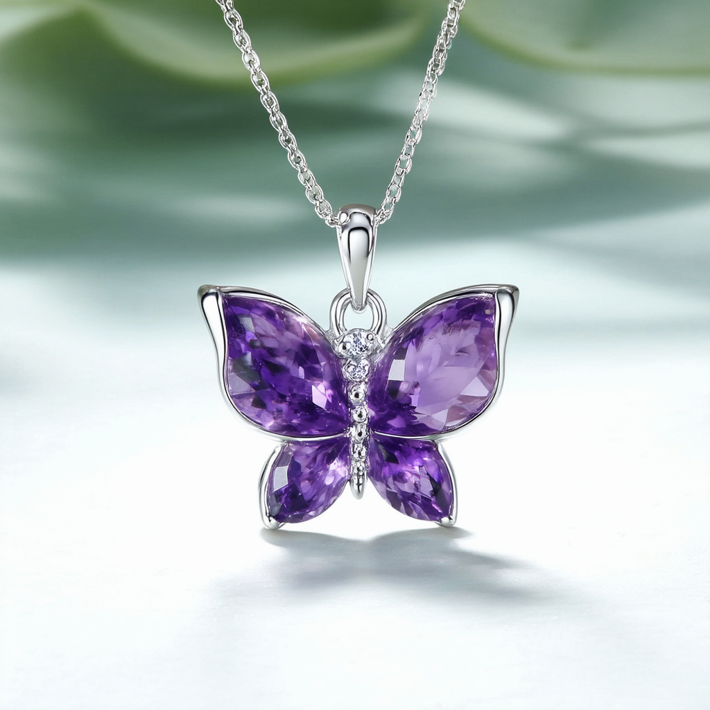 Amazon Collection Sterling Silver Amethyst Butterfly Pendant, 18"