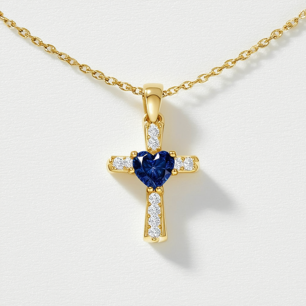 Amazon Collection 10k Yellow Gold Sapphire and Diamond Cross Your Heart Pendant Necklace, 18"