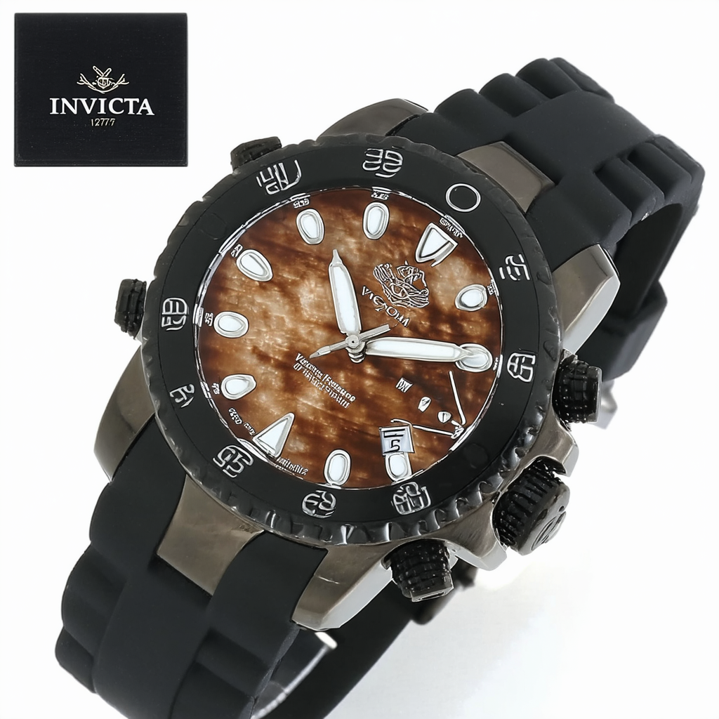 Invicta Men's 12776 Venom Reserve Brown River Pearl Dial GMT Black Artificial Rubber Watch
