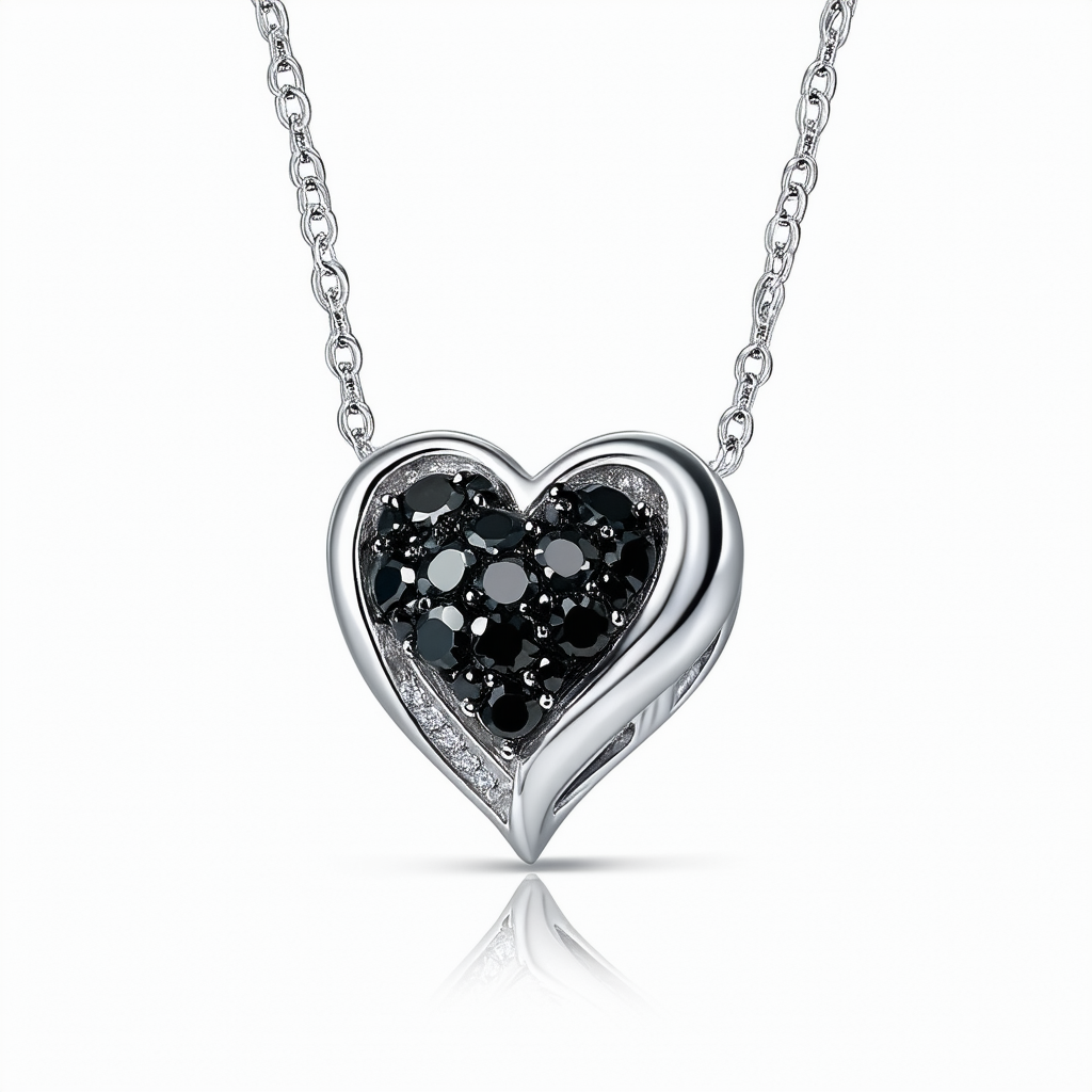 Amazon Collection Sterling Silver Black Diamond Heart in Heart Pendant Necklace (.17 cttw), 18"