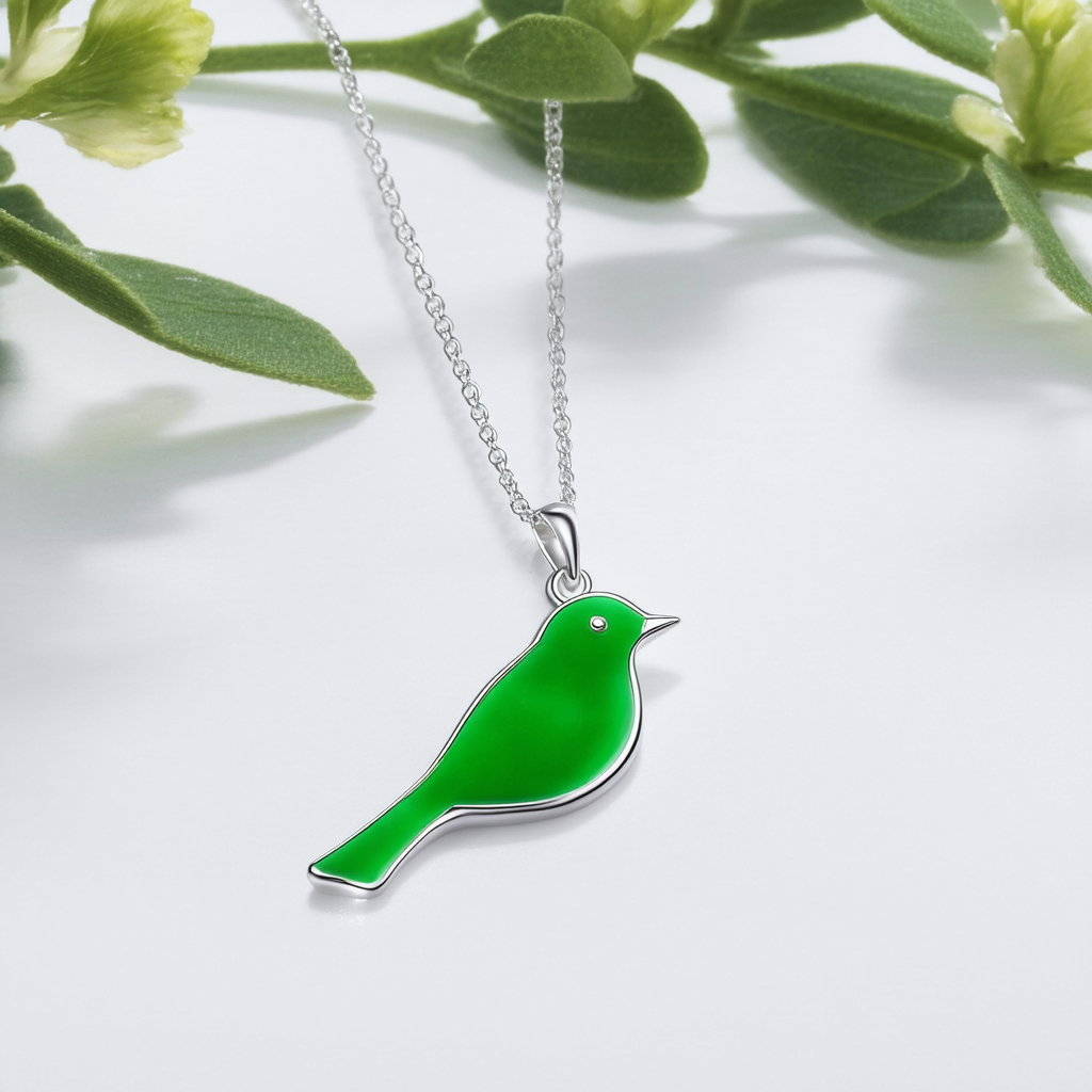 Amazon Collection Sterling Silver Rectangle Lime Green Enamel Bird Pendant Necklace , 18"