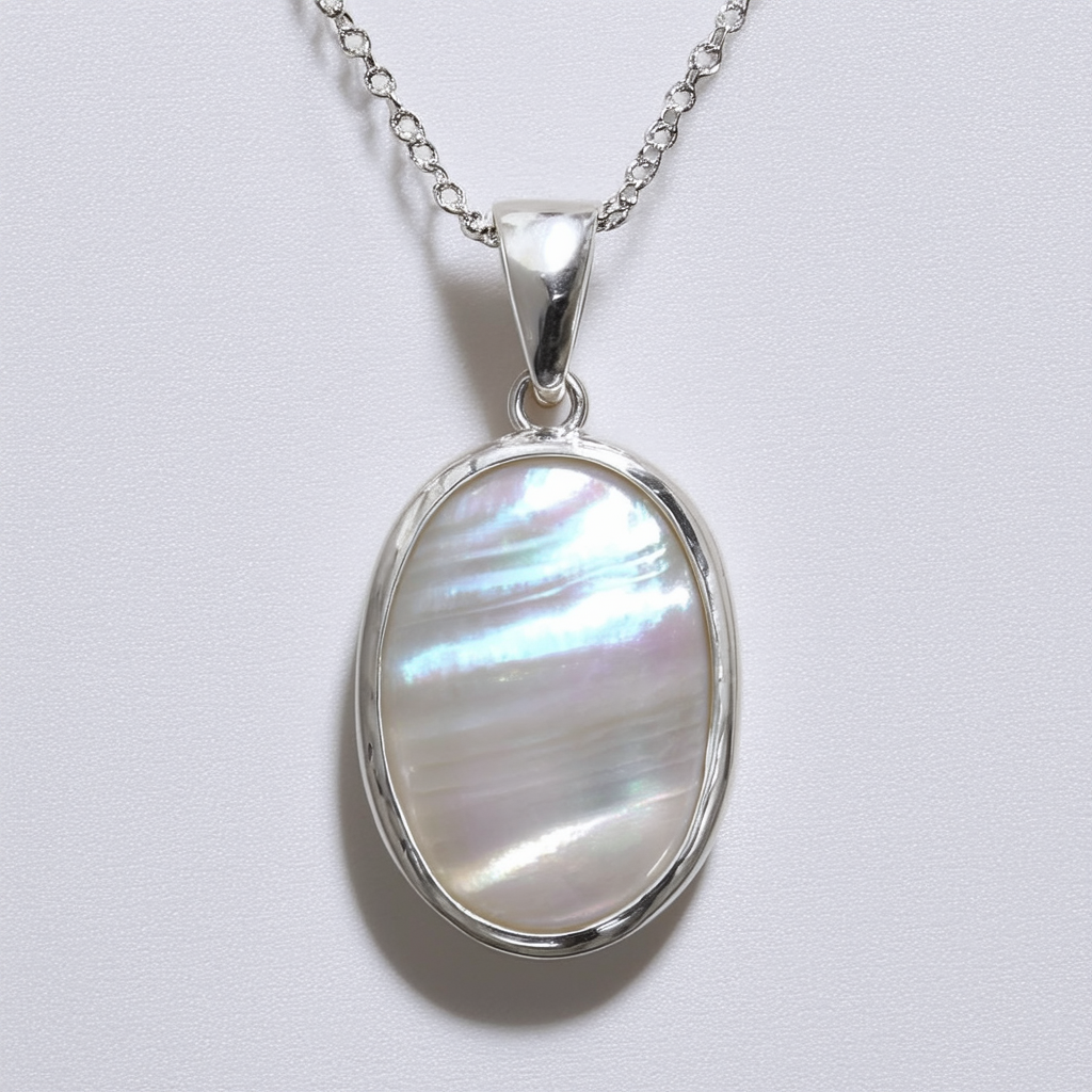 Amazon Collection Sterling Silver Mother-Of-Pearl Oval Quartz Pendant Necklace, 18"
