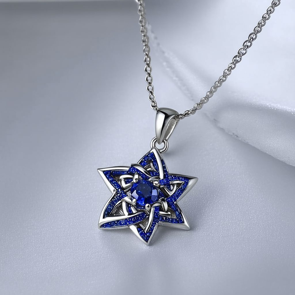 Amazon Collection Sterling Silver Blue Sapphire Star-Shaped Celtic Pendant Necklace , 18.5"
