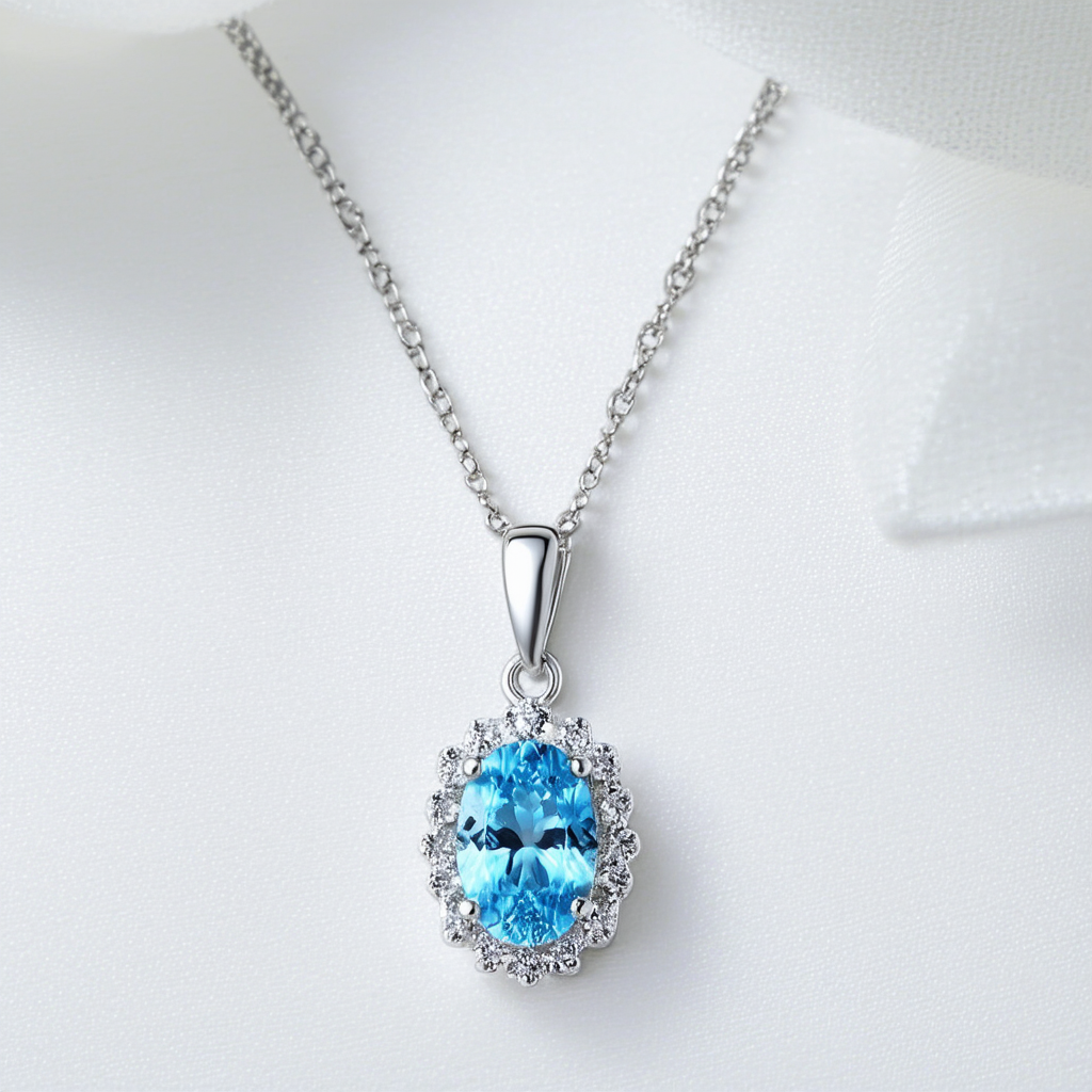 Amazon Collection Sterling Silver Blue Topaz Oval Crown Set Pendant Necklace, 18"