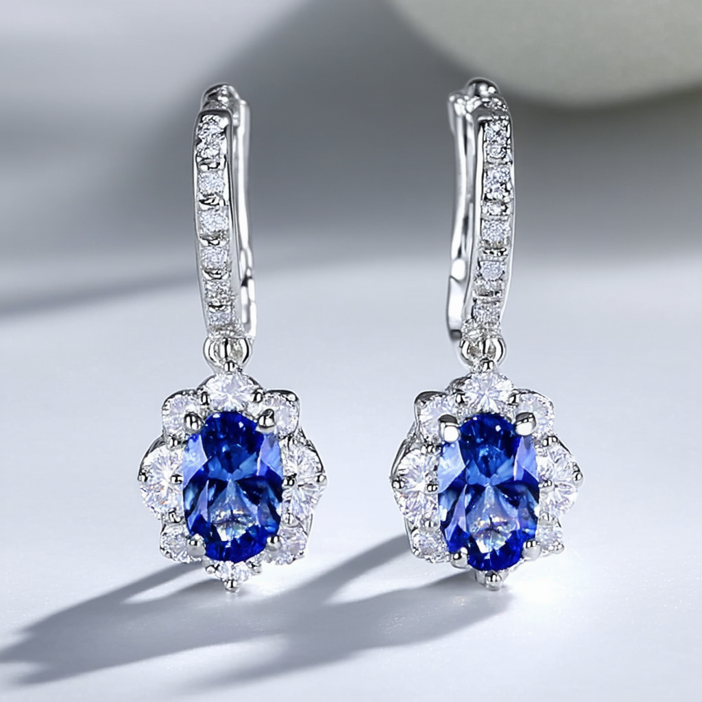 Amazon Collection Sterling Silver Lab Sapphire and Lab White Sapphire Dancing Dangle Earrings