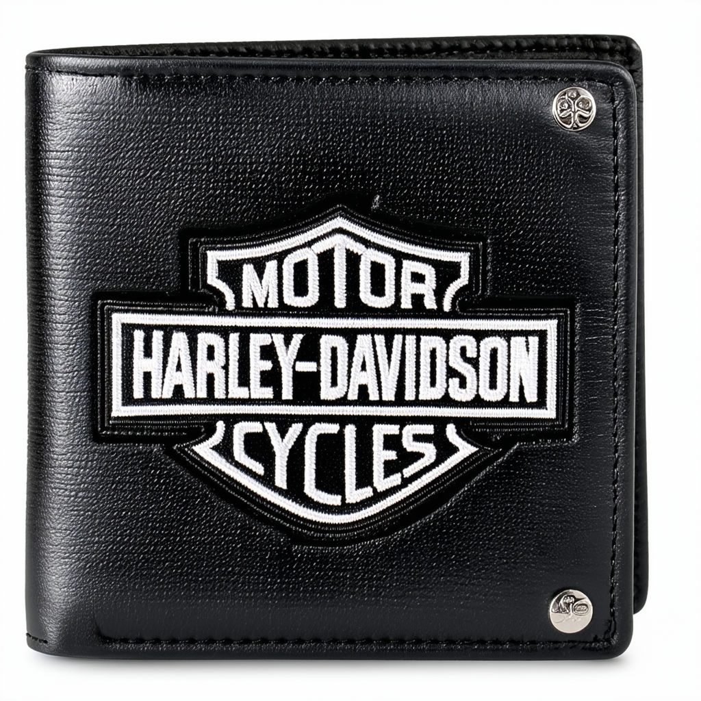 Harley-Davidson Men's Embroidered Tri-Fold Chain Wallet Black Leather TC813H-2B