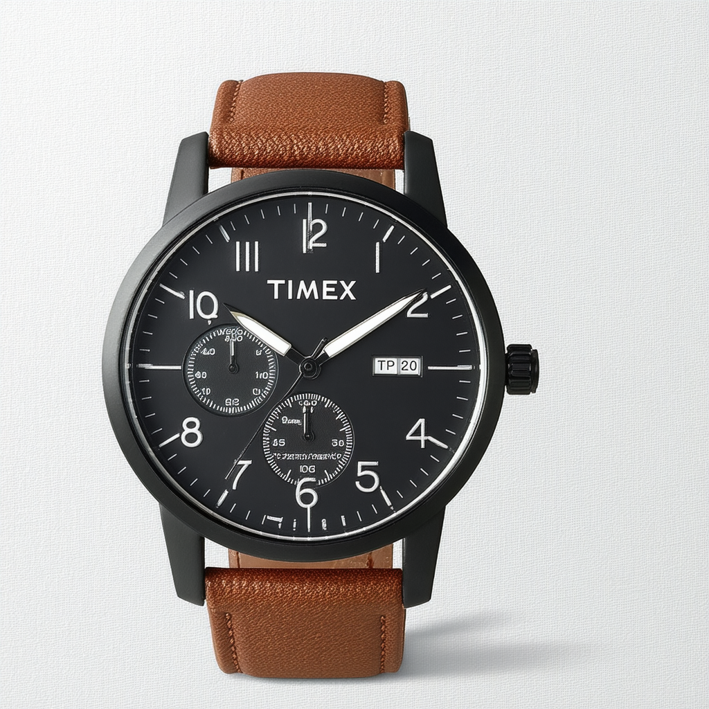 Timex Men's Iq T2P102 Brown Leather Analog Quartz Watch with Black Dial