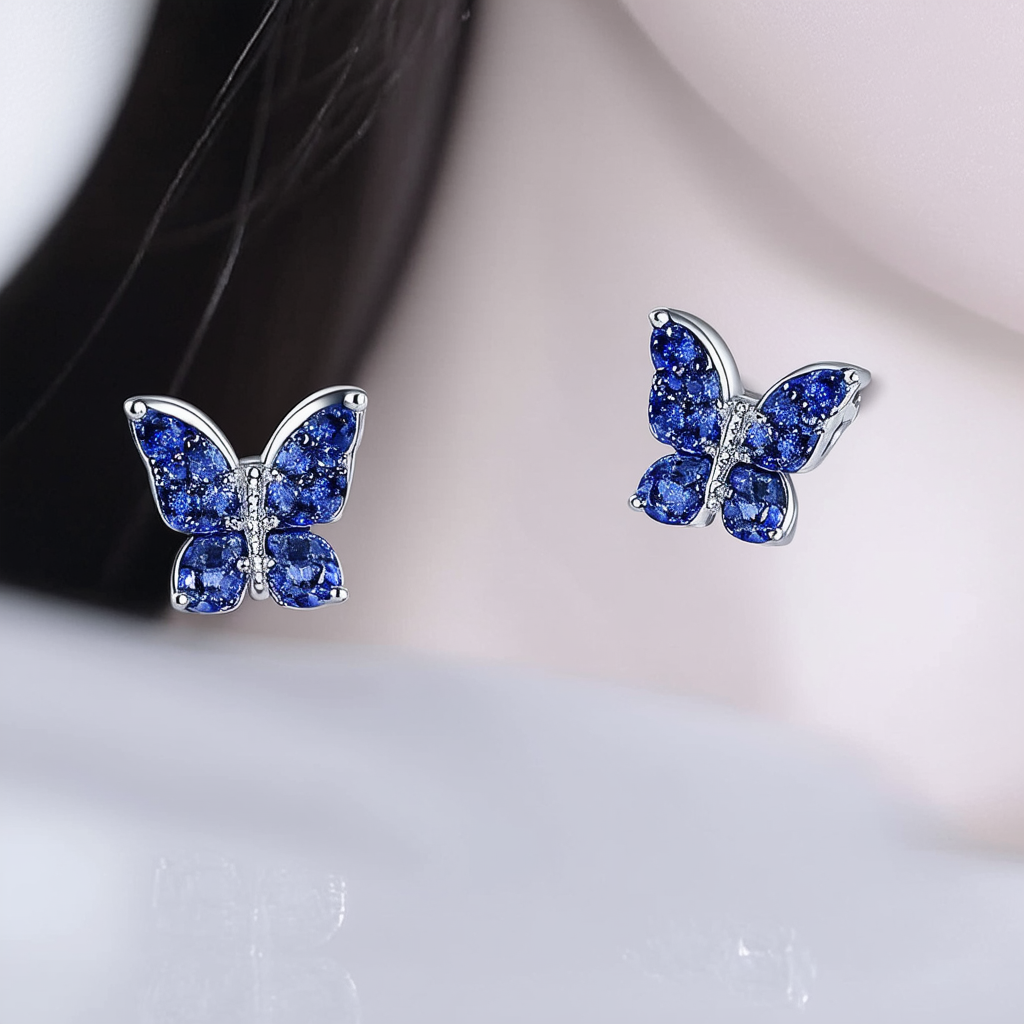 Amazon Collection Sterling Silver Sapphire Butterfly Earrings