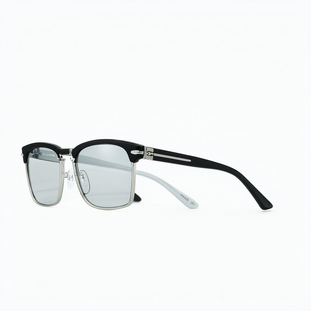 Modified Classic Square Half Frame Clear Lens Horn Rimmed Sunglasses (Black-Silver)