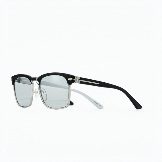 Modified Classic Square Half Frame Clear Lens Horn Rimmed Sunglasses (Black-Silver)