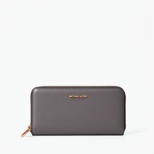 Michael Kors Zip Around Continental Wallet Slate Grey Pebbled Leather Rose Gold Hardware