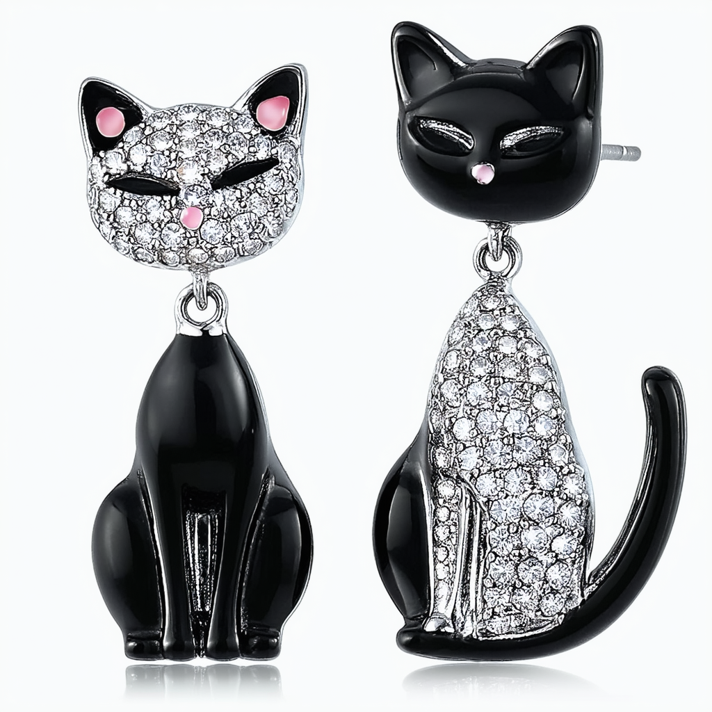 Betsey Johnson CZ Cat Mismatched Drop Earrings, CRYSTAL/BLACK